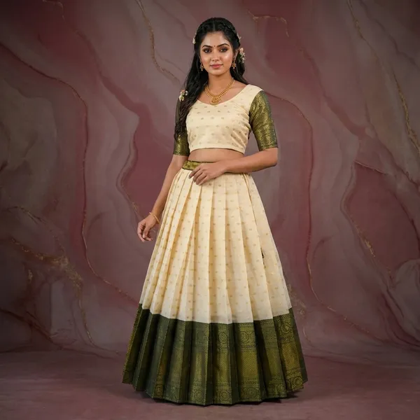 Green_Off_White_Lichi_Silk_Zari_Border_Lehenga_Choli_For_Girls