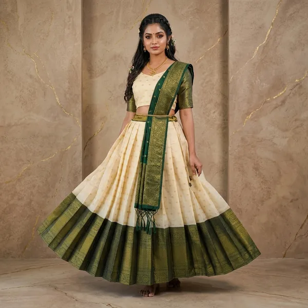 Green_Off_White_Lichi_Silk_Zari_Border_Lehenga_Choli_For_Girls