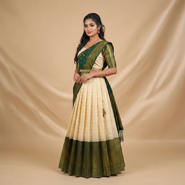 Green_Off_White_Lichi_Silk_Zari_Border_Lehenga_Choli_For_Girls