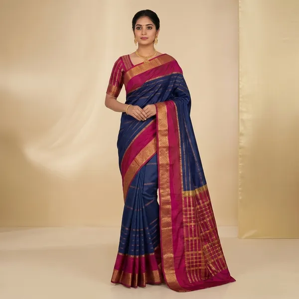 Navy_Blue_Mysore_Crepe_Silk_Zari_Stripe_Saree_For_Women
