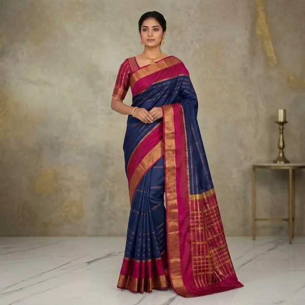 Navy_Blue_Mysore_Crepe_Silk_Zari_Stripe_Saree_For_Women