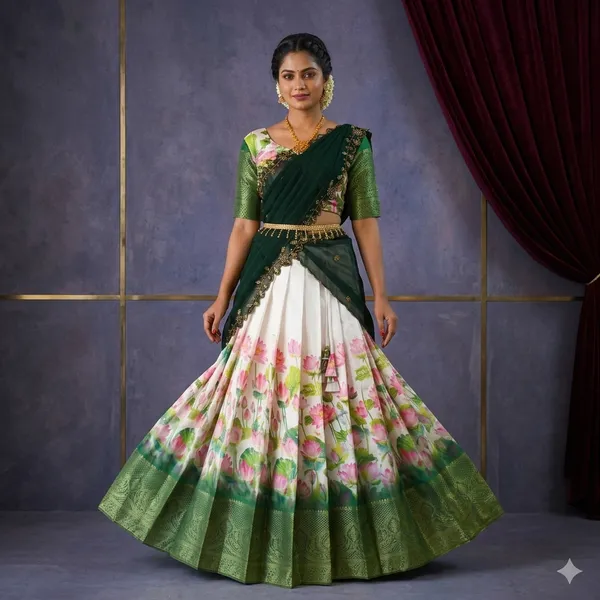 White_Green_Dola_Silk_Floral_Print_Lehenga_Choli_For_Girls