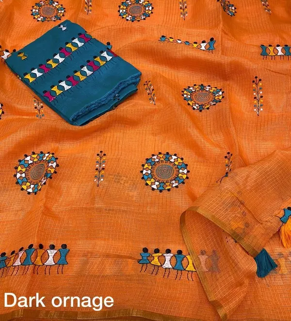 Orange_Blue_Kota_Chex_Warli_Embroidered_Zari_Border_Saree_For_Women