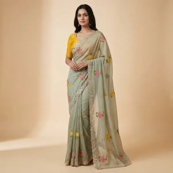Green_Yellow_Rangoli_Silk_Floral_Butta_Mirror_Embroidered_Saree_For_Women