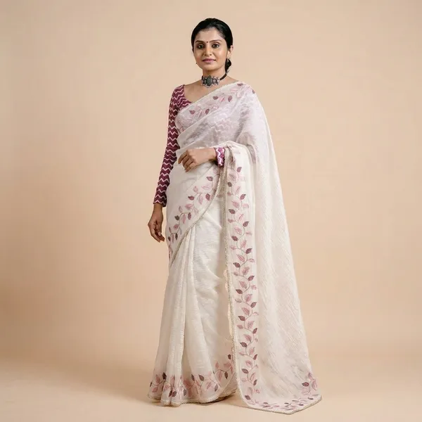 Ivory_White_Crush_Georgette_Leaf_Embroidered_Saree_For_Women
