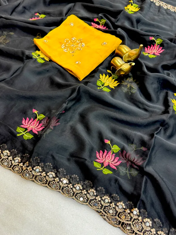 Black_Yellow_Rangoli_Silk_Floral_Butta_Mirror_Embroidered_Saree_For_Women