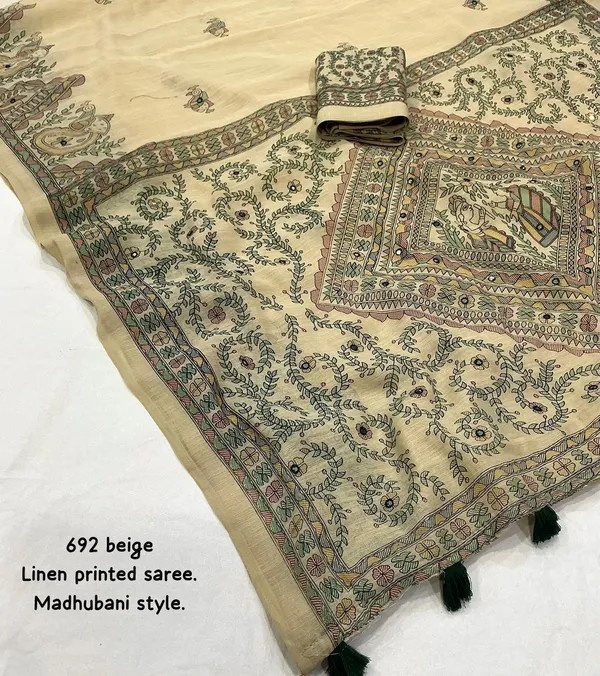 Yellow_Green_Linen_Madhubani_Kalamkari_Print_Tassel_Saree_For_Women