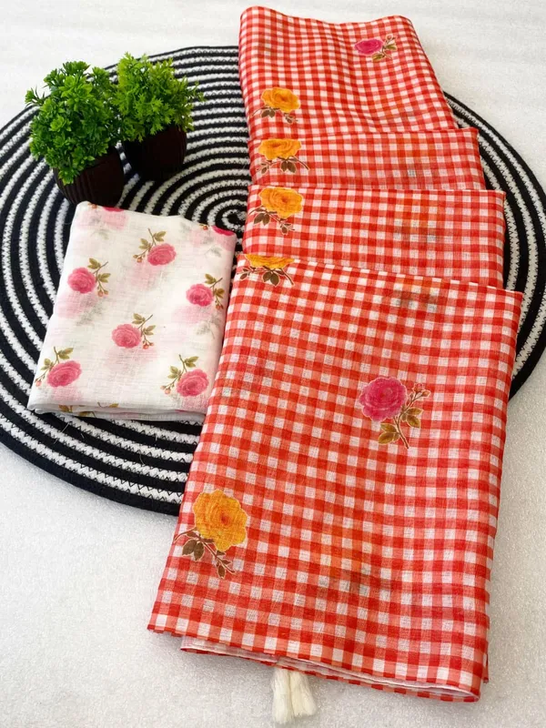 Orange_White_Linen_Cotton_Digital_Print_Tassel_Pallu_Saree_For_Women