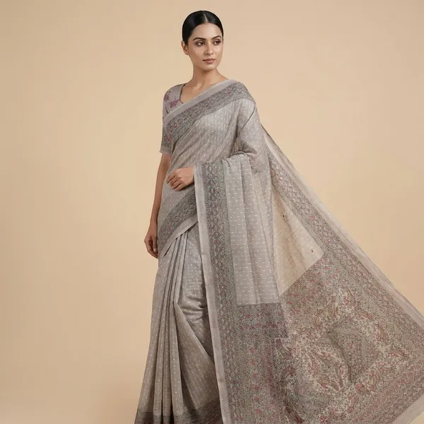 Ash_White_Linen_Madhubani_Kalamkari_Print_Mirror_Work_Saree_For_Women