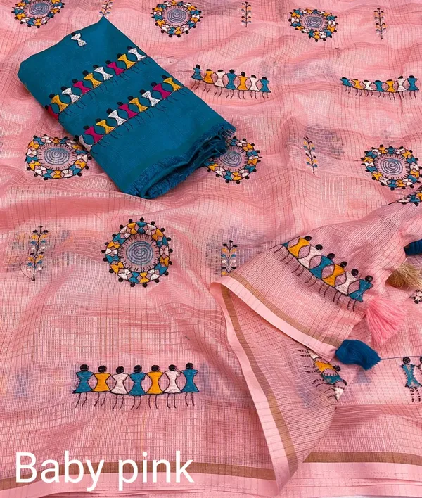 Pink_Blue_Kota_Chex_Warli_Embroidery_Zari_Border_Saree_For_Women