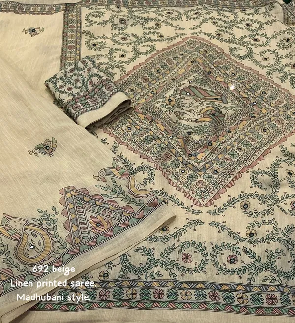 Yellow_Green_Linen_Madhubani_Kalamkari_Print_Tassel_Saree_For_Women