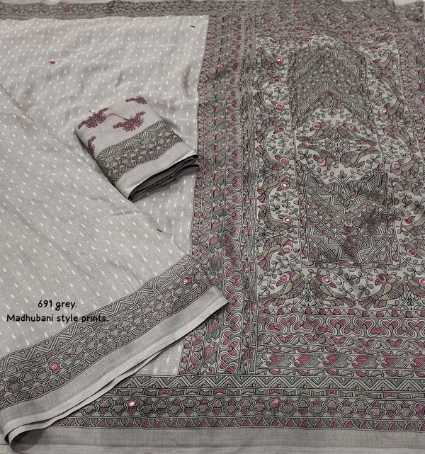 Ash_White_Linen_Madhubani_Kalamkari_Print_Mirror_Work_Saree_For_Women