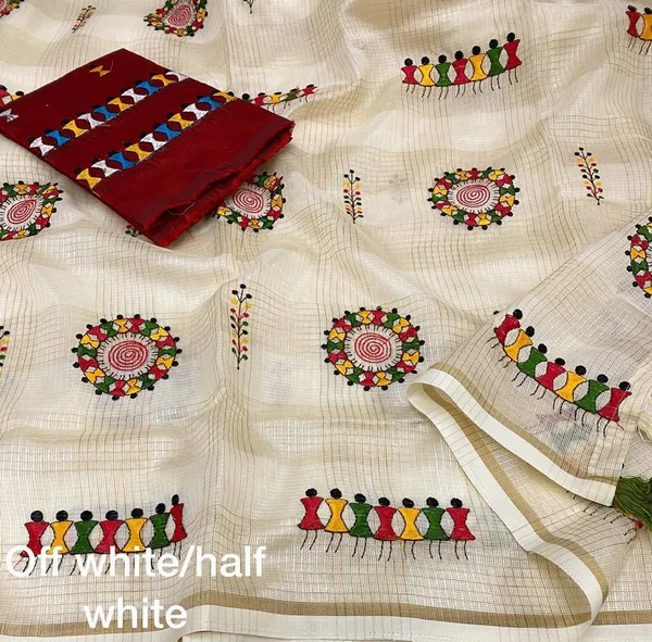 Cream_Kota_Chex_Warli_Embroidery_Zari_Weaving_Border_Saree_For_Women