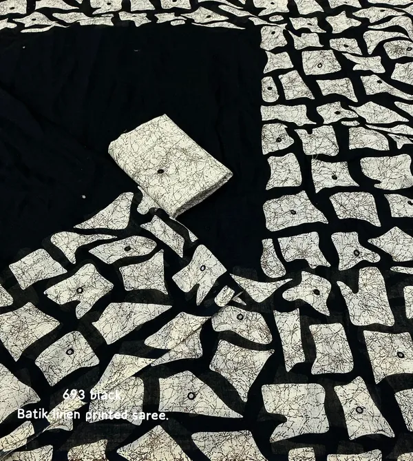 White_Black_Linen_Madhubani_Kalamkari_Print_Mirror_Work_Saree_For_Women