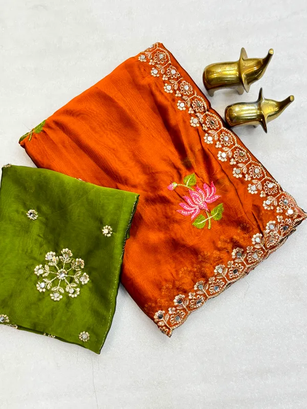 Red_Green_Rangoli_Silk_Embroidered_Mirror_Work_Saree_For_Women