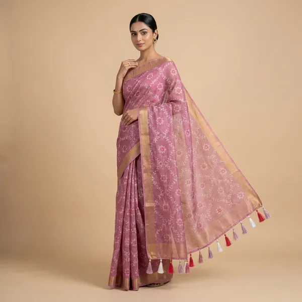 Pink_Shimmer_Kota_Slub_Bandhani_Print_Gold_Border_Saree_For_Women