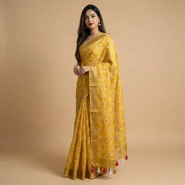 Yellow_Shimmer_Kota_Slub_Bandhani_Print_Gold_Border_Saree_For_Women
