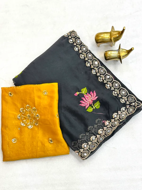 Black_Yellow_Rangoli_Silk_Floral_Butta_Mirror_Embroidered_Saree_For_Women