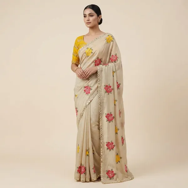 Yellow_Beige_Rangoli_Silk_Floral_Butta_Mirror_Work_Saree_For_Women