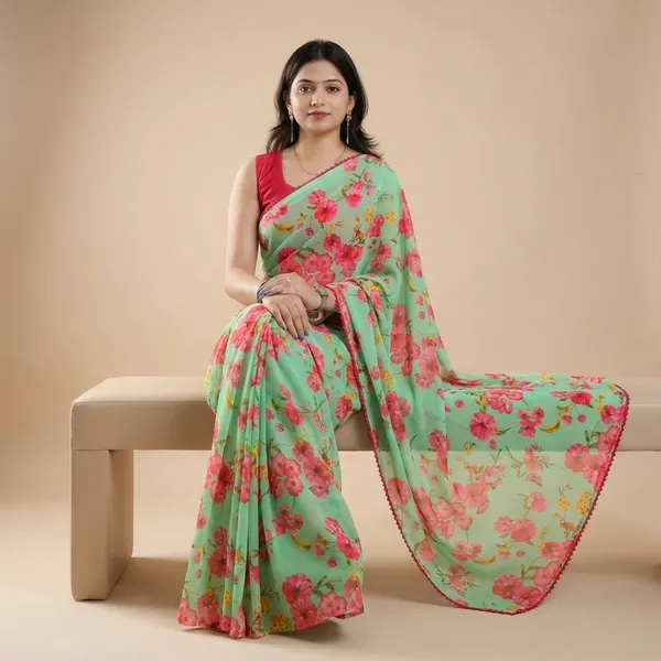 Green_Red_Weightless_Floral_Print_Lace_Border_Saree_For_Women