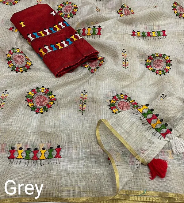 White_Red_Kota_Chex_Warli_Embroidery_Zari_Border_Saree_For_Women