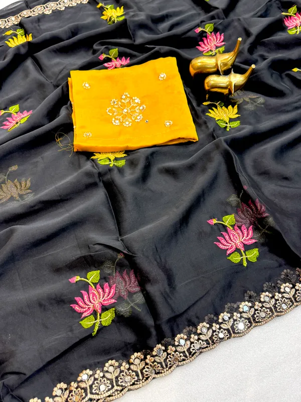 Black_Yellow_Rangoli_Silk_Floral_Butta_Mirror_Embroidered_Saree_For_Women