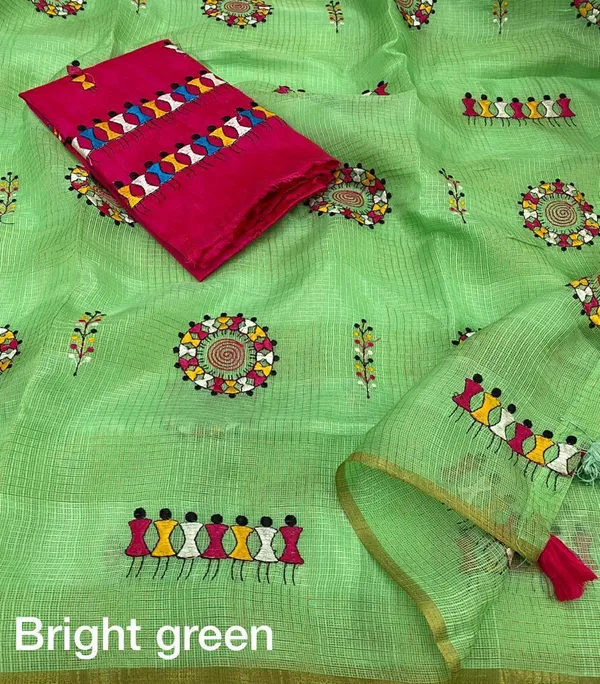 Green_Red_Kota_Chex_Warli_Embroidered_Zari_Border_Saree_For_Women
