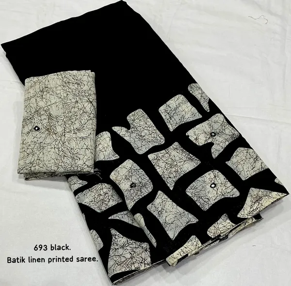 White_Black_Linen_Madhubani_Kalamkari_Print_Mirror_Work_Saree_For_Women