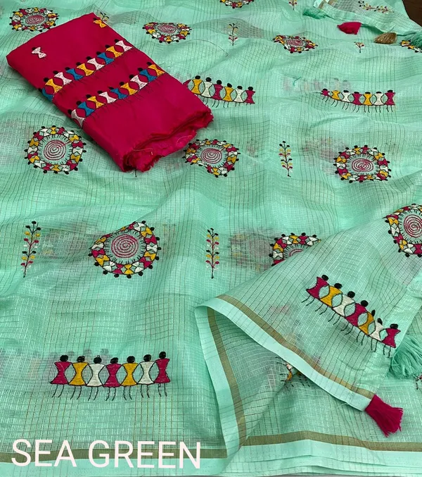 Green_Red_Kota_Chex_Warli_Embroidery_Zari_Border_Saree_For_Women