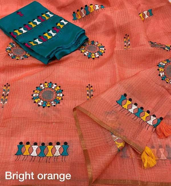 Bright_Orange_Blue_Kota_Chex_Warli_Embroidered_Zari_Border_Saree_For_Women