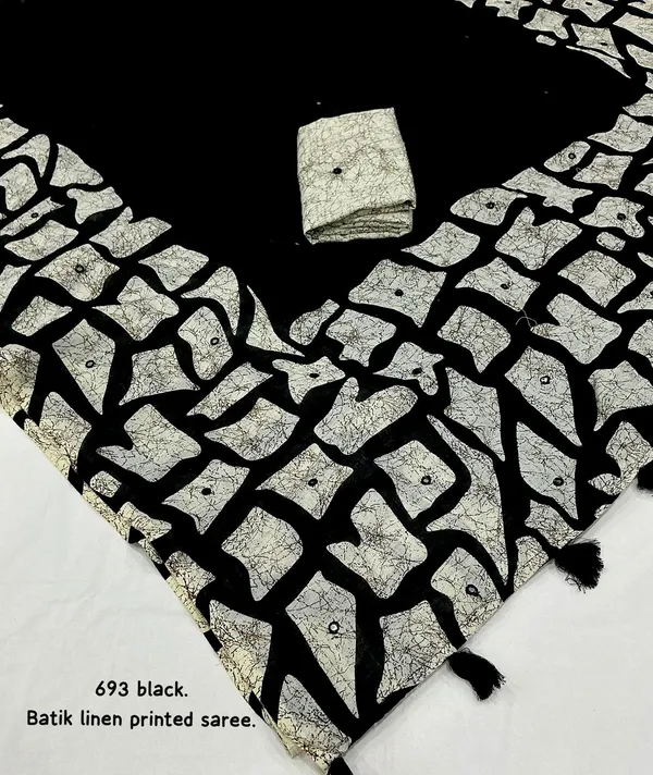 White_Black_Linen_Madhubani_Kalamkari_Print_Mirror_Work_Saree_For_Women
