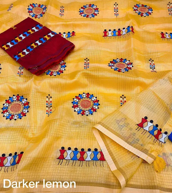 Yellow_Red_Kota_Chex_Warli_Embroidered_Zari_Border_Saree_For_Women