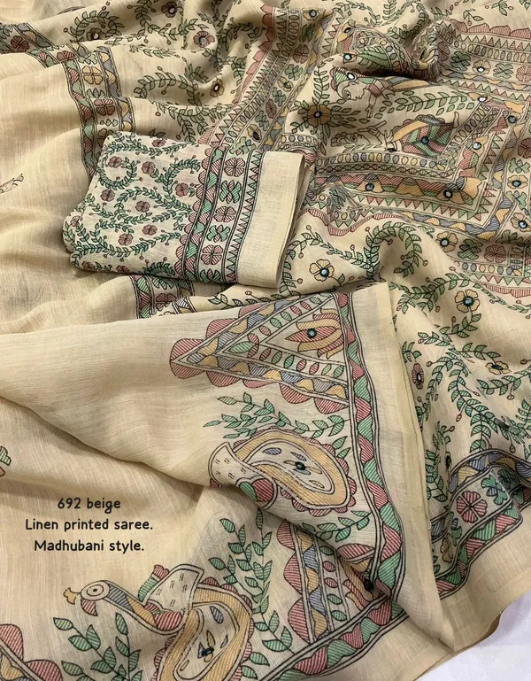 Yellow_Green_Linen_Madhubani_Kalamkari_Print_Tassel_Saree_For_Women