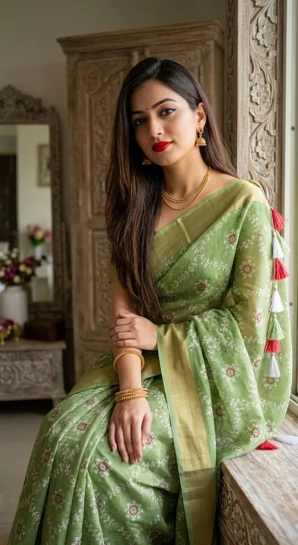 Green_Shimmer_Kota_Slub_Bandhani_Print_Gold_Border_Saree_For_Women