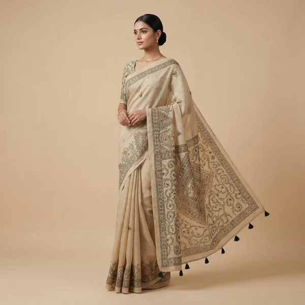 Yellow_Green_Linen_Madhubani_Kalamkari_Print_Tassel_Saree_For_Women