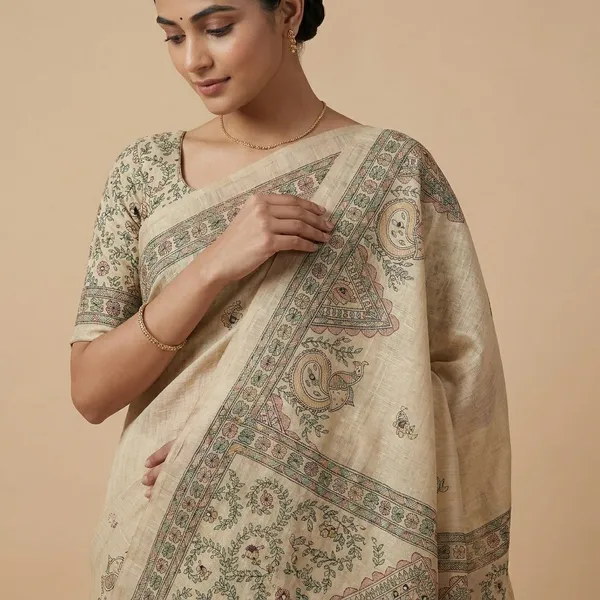 Yellow_Green_Linen_Madhubani_Kalamkari_Print_Tassel_Saree_For_Women
