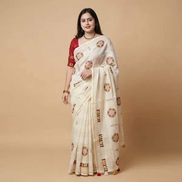 Cream_Kota_Chex_Warli_Embroidery_Zari_Weaving_Border_Saree_For_Women