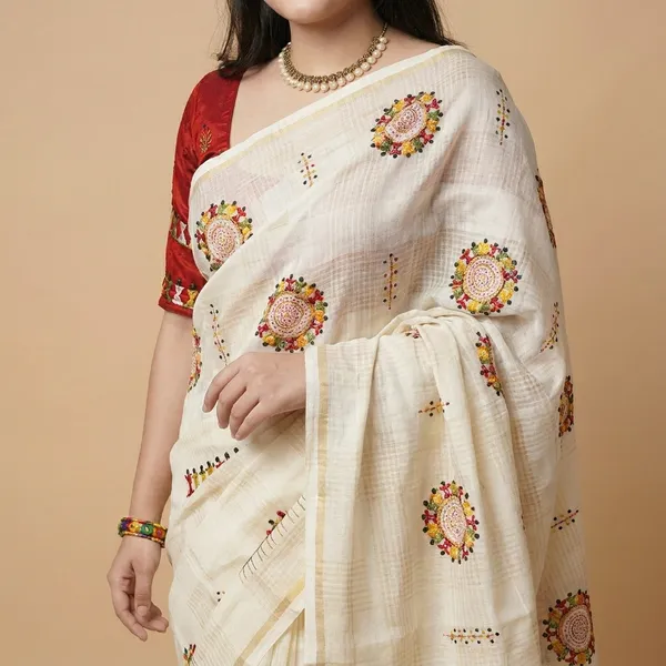 Cream_Kota_Chex_Warli_Embroidery_Zari_Weaving_Border_Saree_For_Women