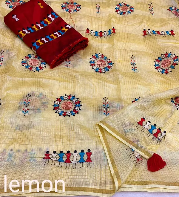 Yellow_Red_Kota_Chex_Warli_Embroidery_Zari_Border_Saree_For_Women