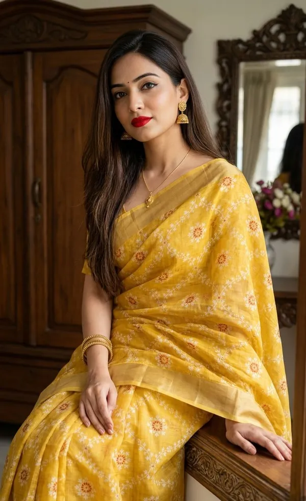 Yellow_Shimmer_Kota_Slub_Bandhani_Print_Gold_Border_Saree_For_Women
