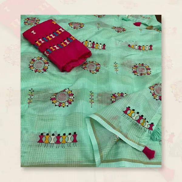 Green_Red_Kota_Chex_Warli_Embroidery_Zari_Border_Saree_For_Women