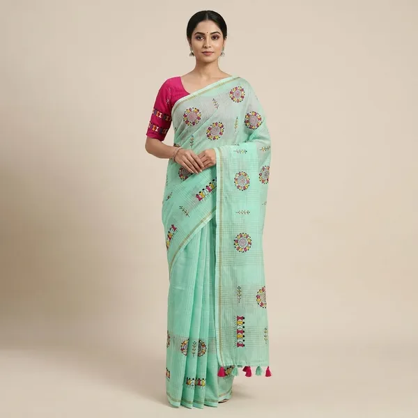 Green_Red_Kota_Chex_Warli_Embroidery_Zari_Border_Saree_For_Women