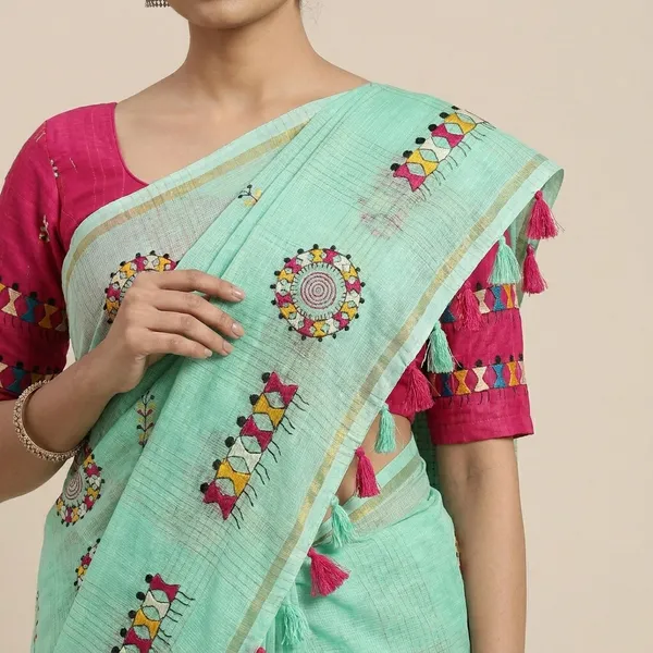 Green_Red_Kota_Chex_Warli_Embroidery_Zari_Border_Saree_For_Women
