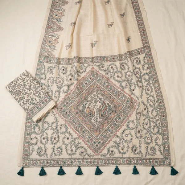 White_Linen_Madhubani_Kalamkari_Print_Mirror_Work_Saree_For_Women