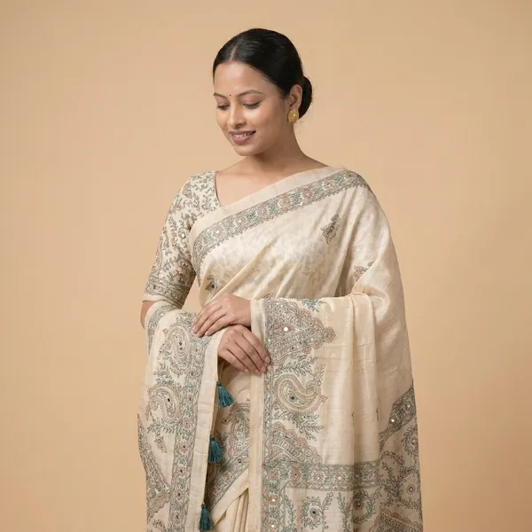 White_Linen_Madhubani_Kalamkari_Print_Mirror_Work_Saree_For_Women