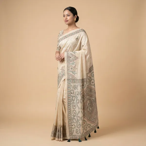 White_Linen_Madhubani_Kalamkari_Print_Mirror_Work_Saree_For_Women