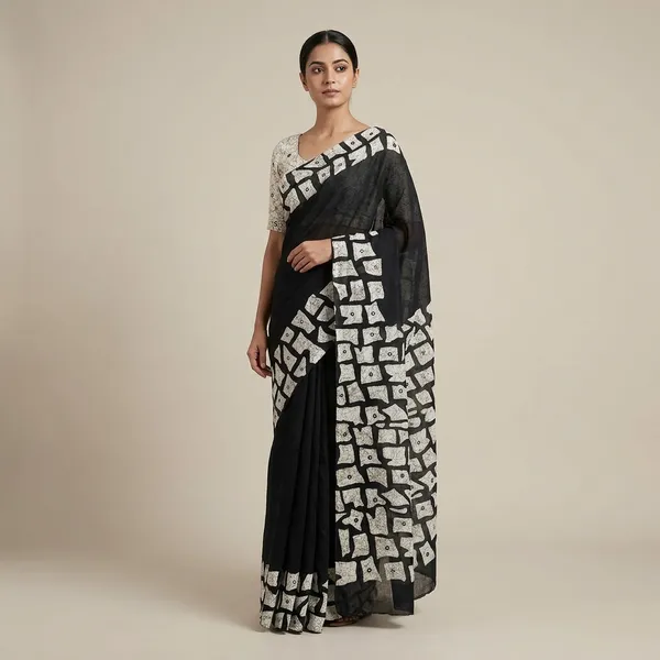 White_Black_Linen_Madhubani_Kalamkari_Print_Mirror_Work_Saree_For_Women