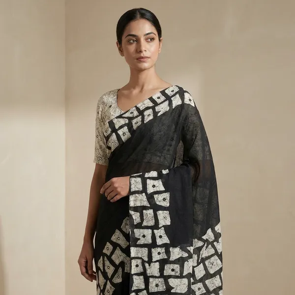 White_Black_Linen_Madhubani_Kalamkari_Print_Mirror_Work_Saree_For_Women