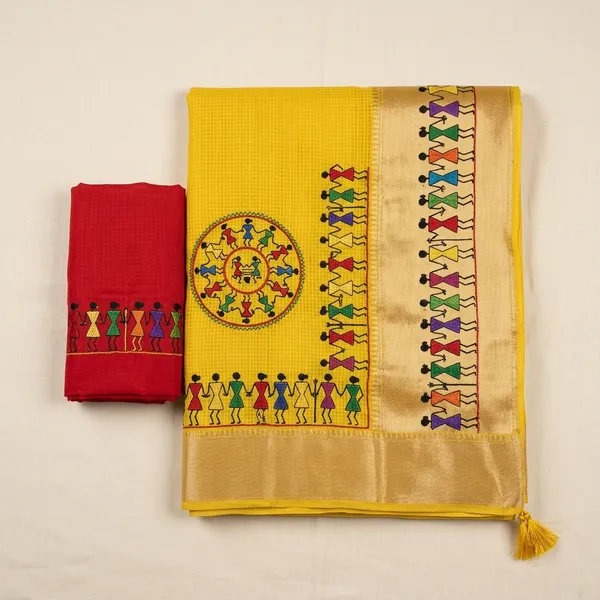 Yellow_Red_Kota_Chex_Warli_Embroidered_Zari_Border_Saree_For_Women