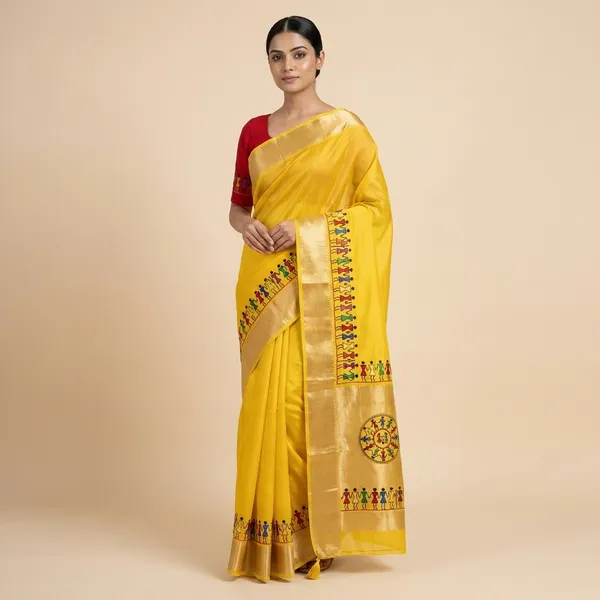 Yellow_Red_Kota_Chex_Warli_Embroidered_Zari_Border_Saree_For_Women